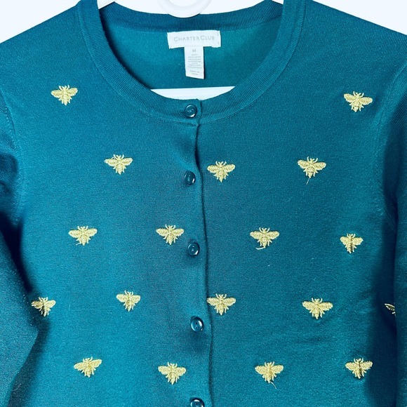 Charter Club Sweater Womens Size M Teal Metallic Gold Bee Embroidery Button Up - Picture 3 of 8